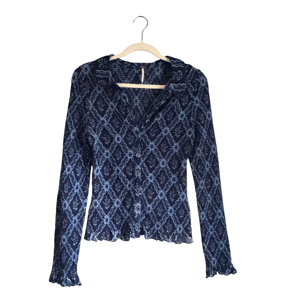 Free People Blue Diamond Floral Mesh Smocked Cardigan Top Lettuce Edge Trim‎